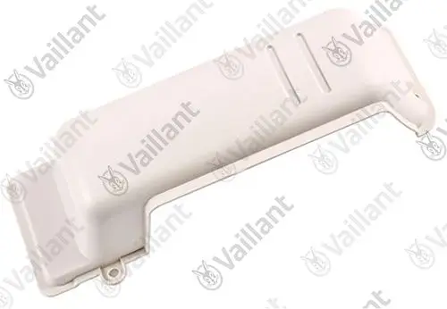 Weiße Ventilabdeckung von Vaillant, rechteckige Form mit abgerundeten Ecken und seitlichen Schlitzen zur Belüftung.